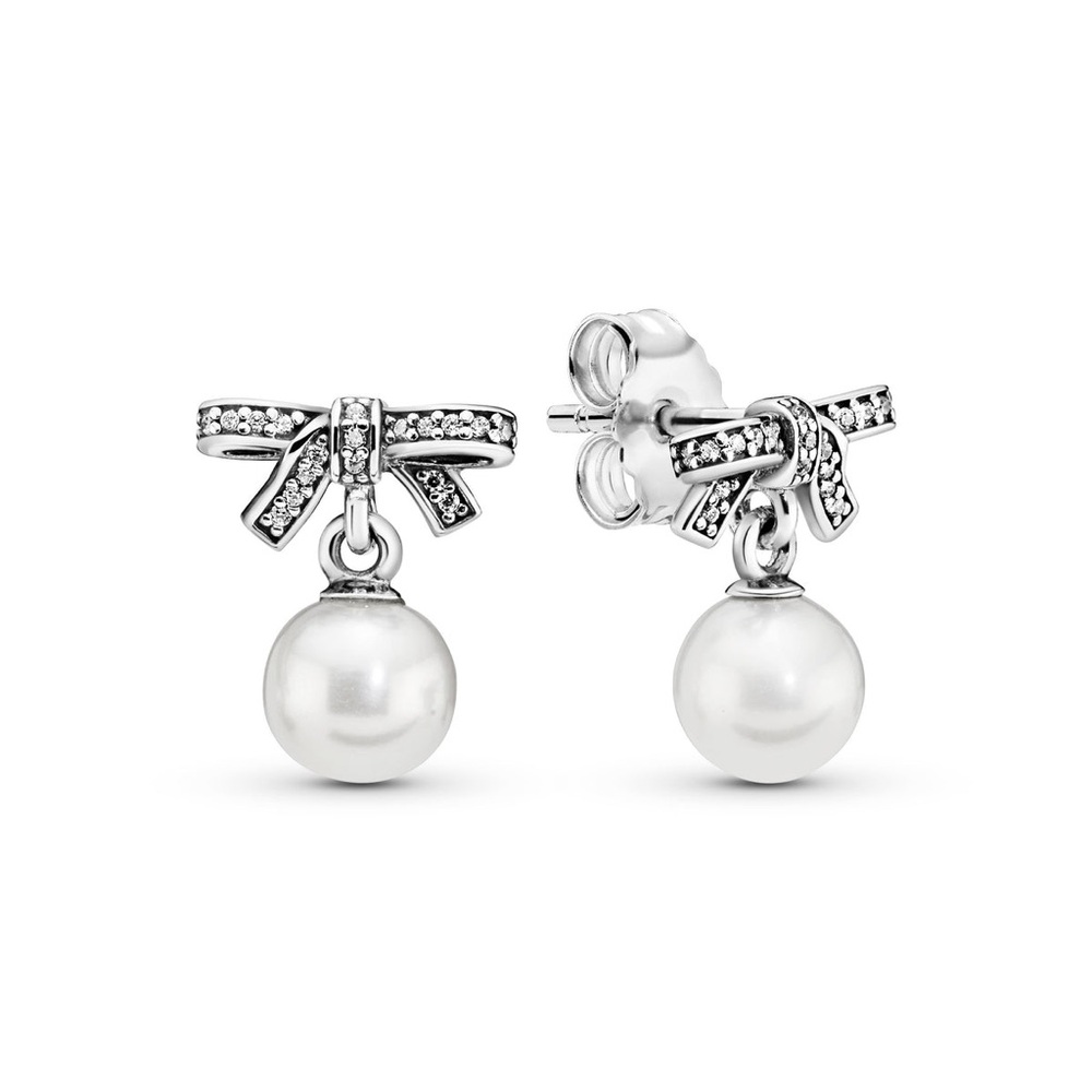 NWT Pandora Bow Silver Earrings Freshwater Cultured Pearl Clear Cubic Zirconia